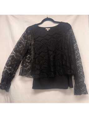 Women's Pointelle Black Lace long sleeve Blouse M